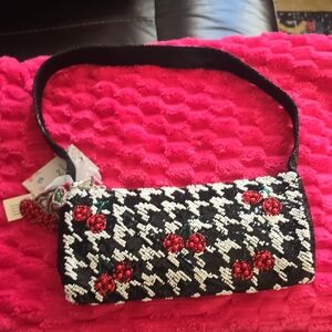 Made In India Houndstooth Beaded Women's Bag with Cherry Accents